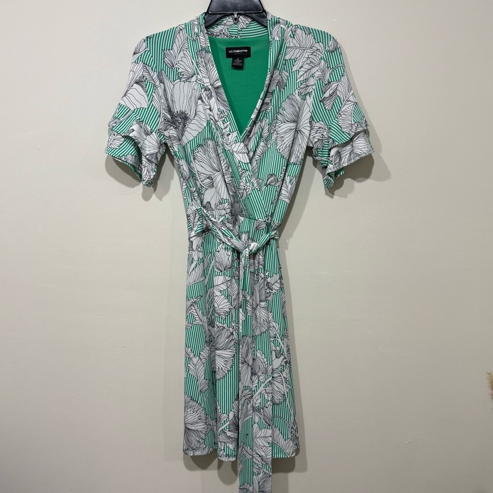 Liz Claiborne Green and White Floral Midi Dress